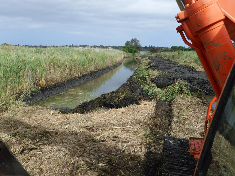 Cleaning of a waterway with the assistance of bog mats.